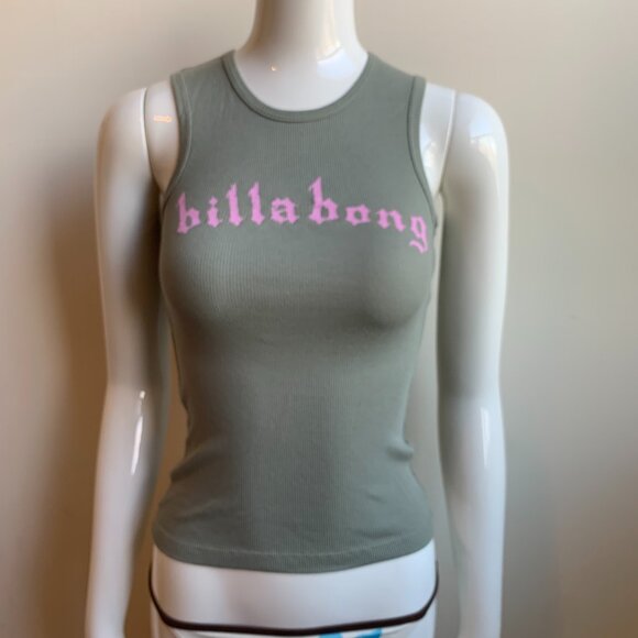 billabong olive ribbed tank top pink logo - Picture 1 of 3